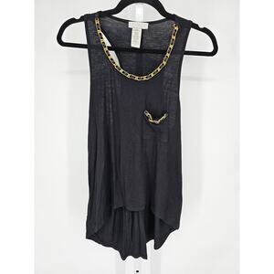 Toska Womens Sz S High Low Hem Sleeveless Blouse Black w/ Gold Chain Neckline